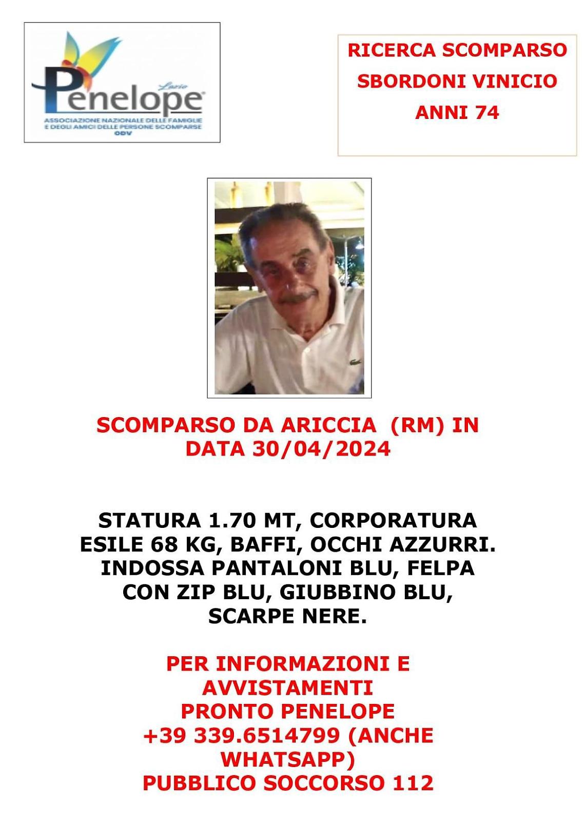 Scomparso da Ariccia, appello per ritrovare Vinicio Sbordoni