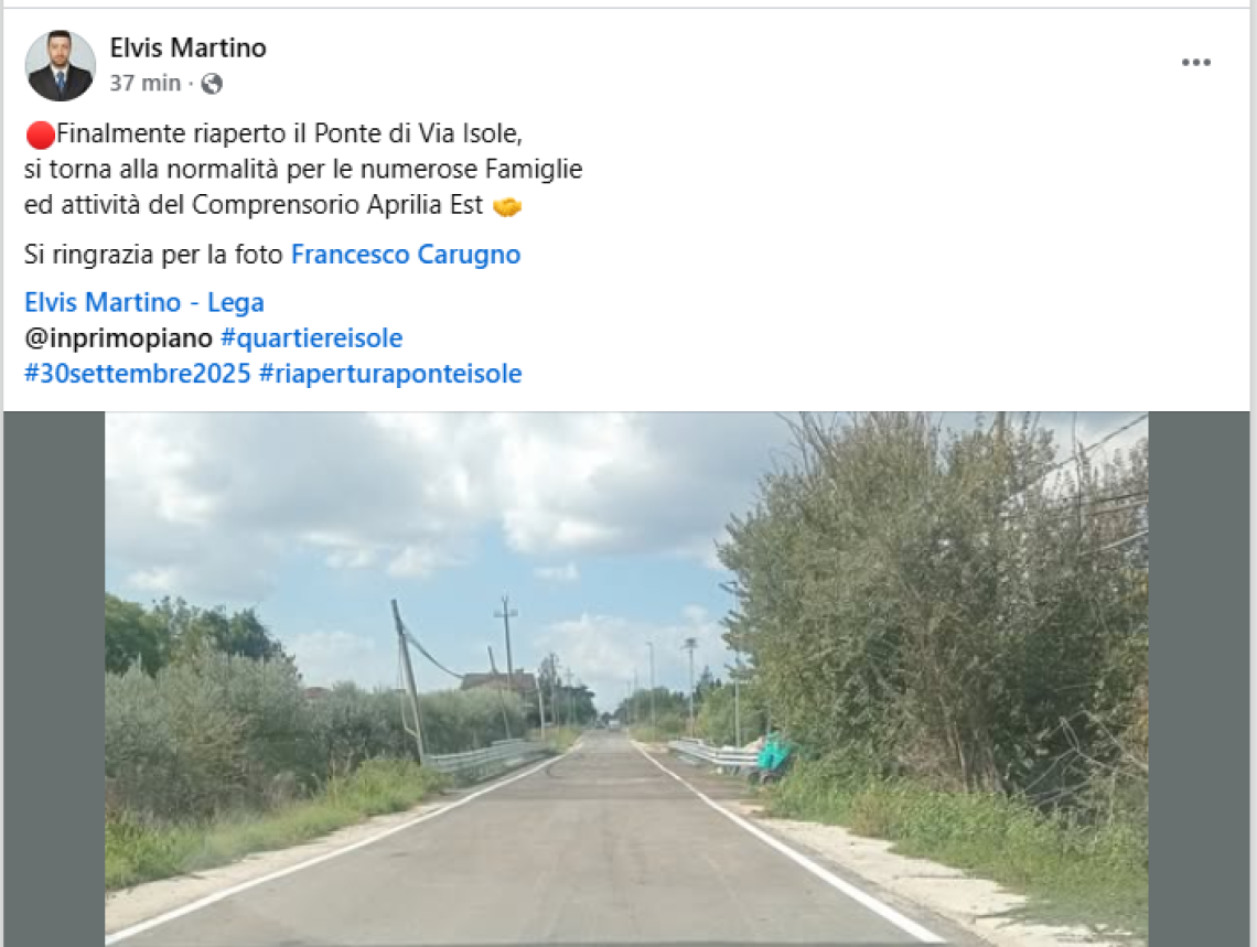 Aprilia, riaperto il ponte di via Isole: fine dei disagi dopo quasi due anni