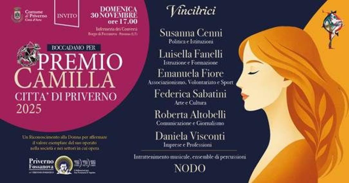 Tutto pronto per la VI edizione del Premio Camilla Città di Priverno