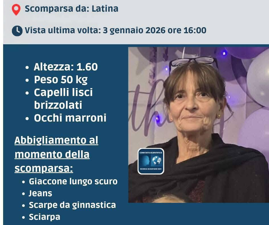 Latina, scomparsa una donna di 64 anni: si cerca Francesca Candeloro 