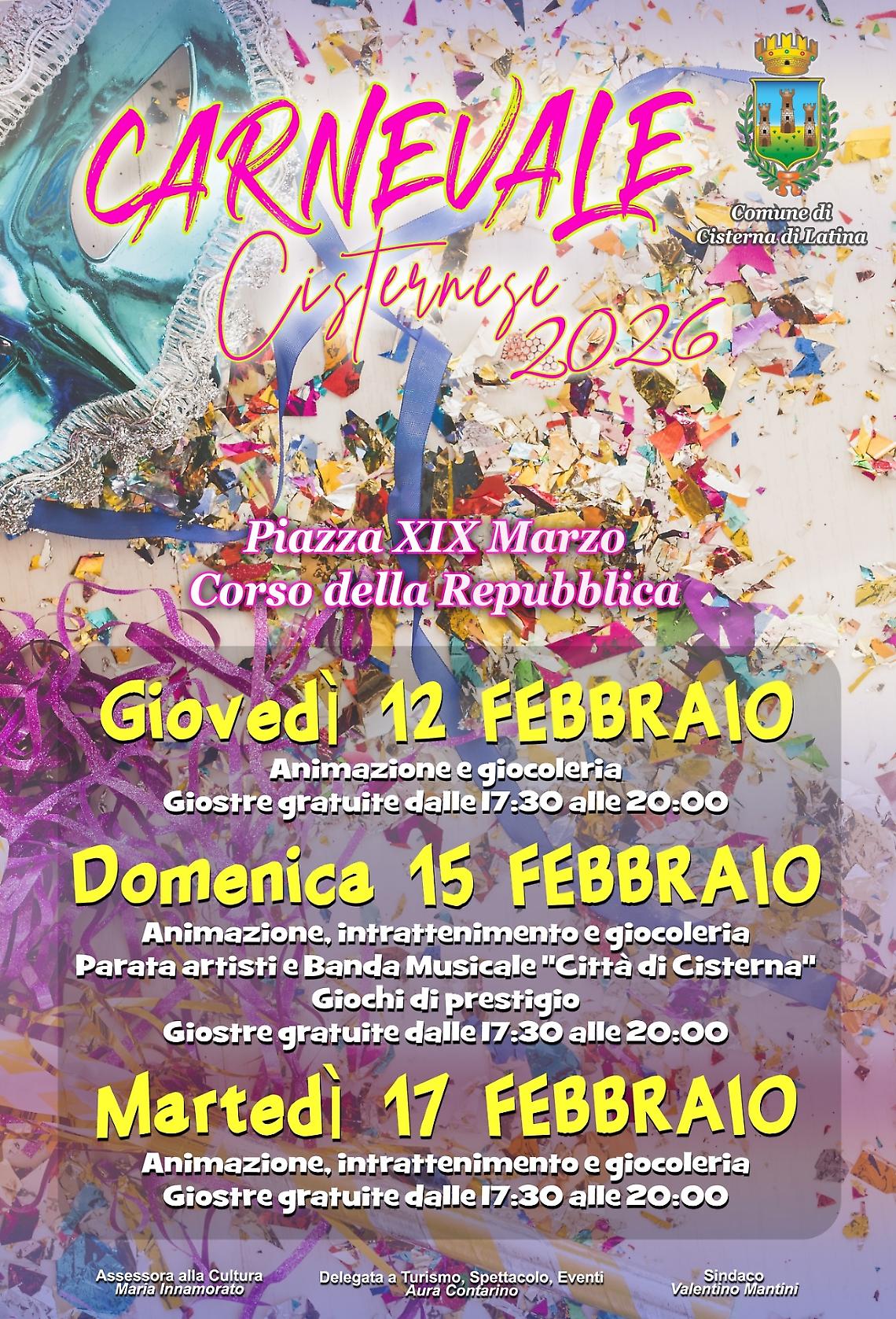 Carnevale Cisternese 2026: domani spettacoli, giostre gratuite e parata in citt&agrave;