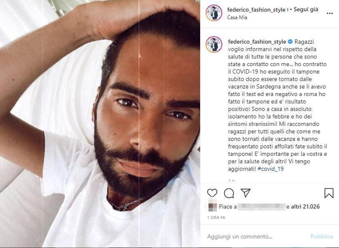 Coronavirus, positivo dopo le vacanze: l'annuncio di Federico Fashion Style