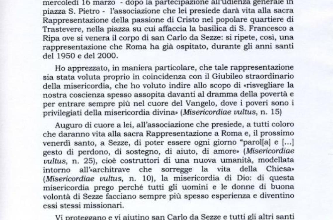 Passione di Sezze lodata da Papa Francesco con una lettera