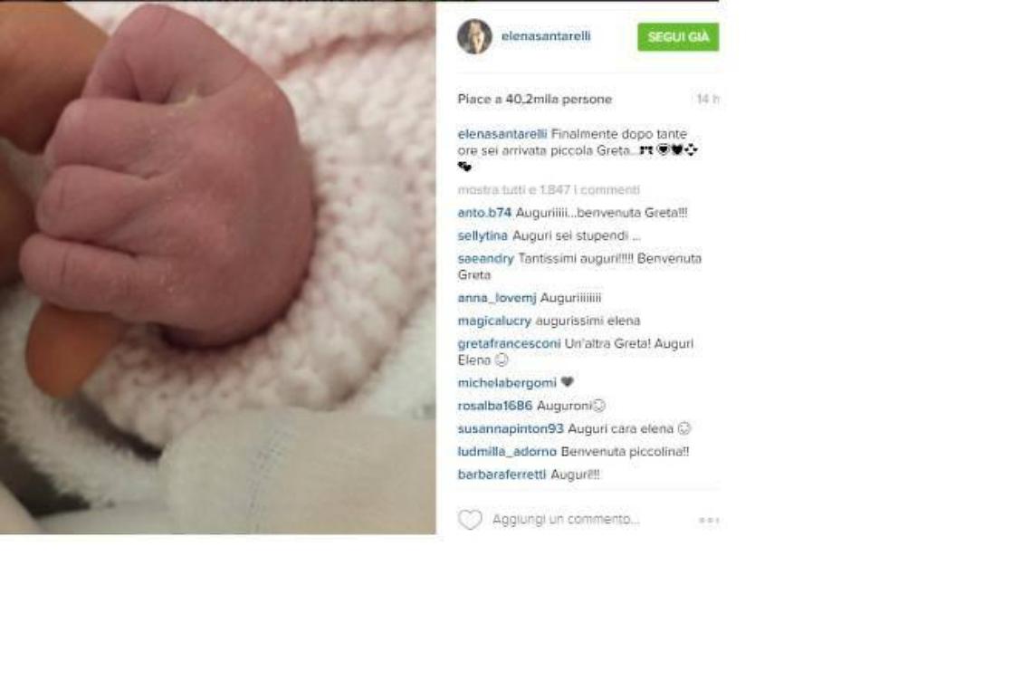 E' nata Greta. La gioia  di mamma Elena Santarelli su Instagram