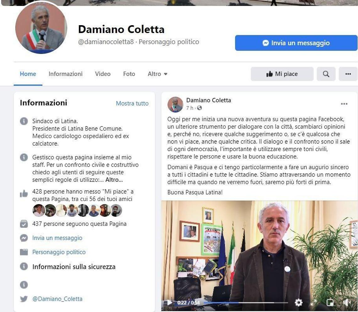 Il sindaco di Latina Damiano Coletta sbarca su Facebook
