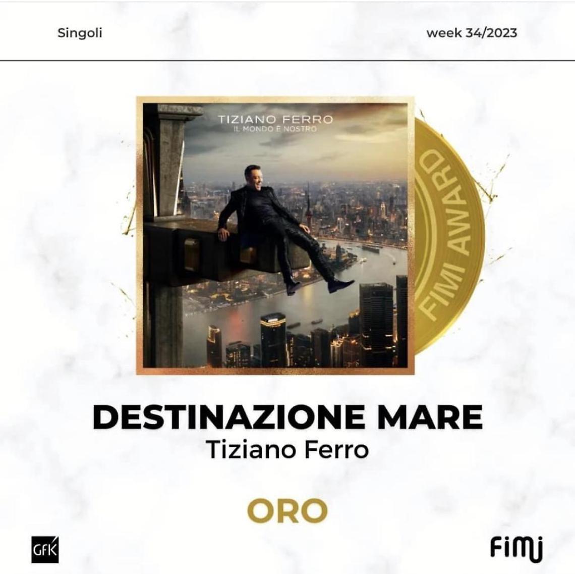 Disco d'Oro per "Destinazione Mare" di Tiziano Ferro e Roberto Casalino
