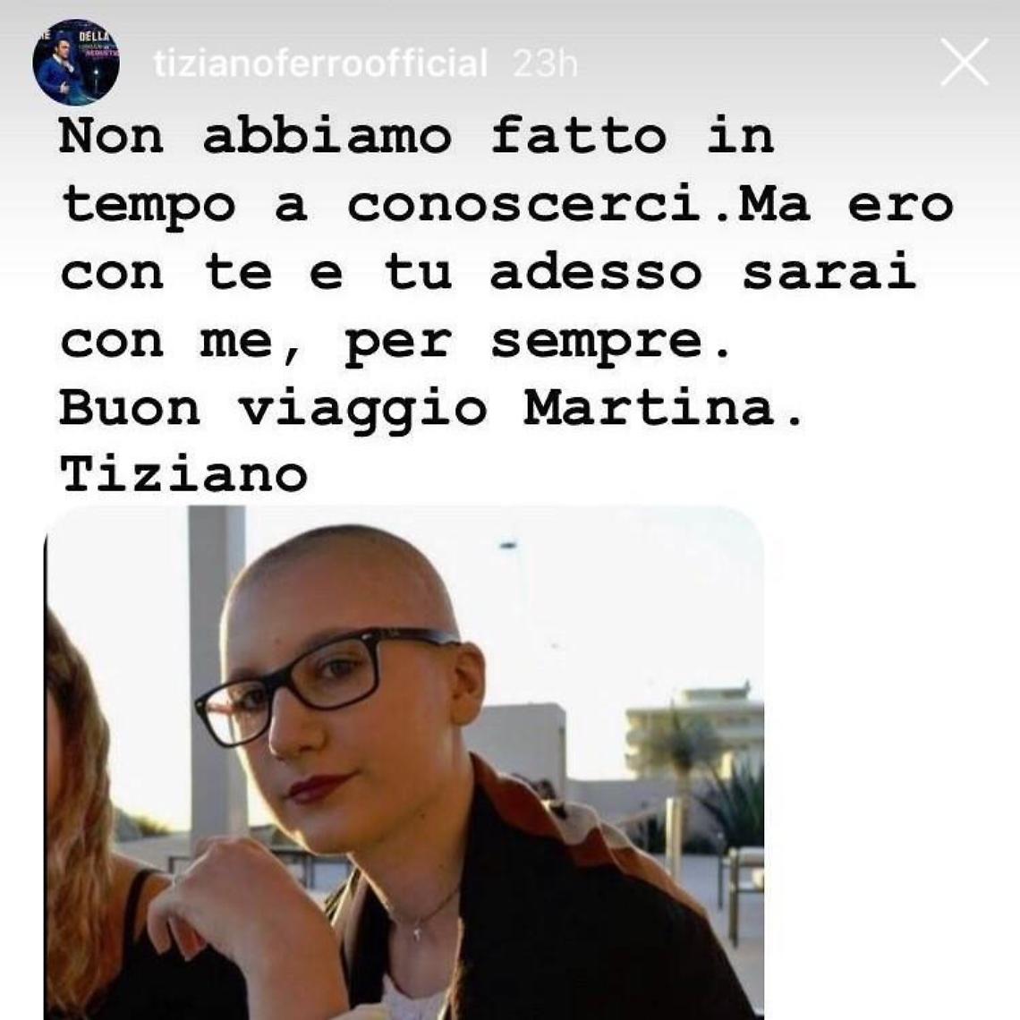 Anche Tiziano Ferro ricorda Martina: "Ero con te e tu adesso sarai con me"
