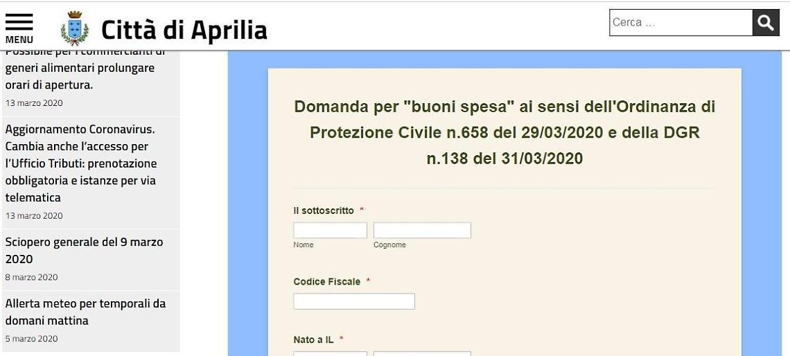 Coronavirus, online sul sito del Comune di Aprilia il modulo per i buoni spesa