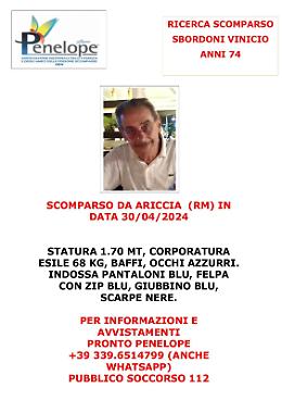Scomparso da Ariccia, appello per ritrovare Vinicio Sbordoni