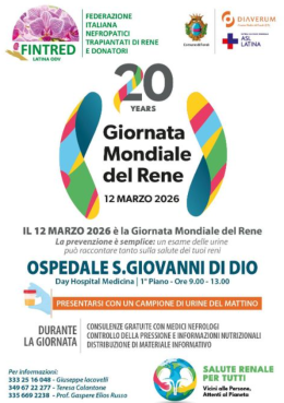 Fondi, check up gratuito per la salute dei reni all&rsquo;ospedale San Giovanni di Dio per la Giornata Mondiale del Rene