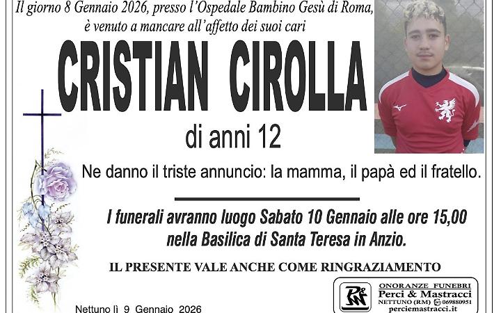 Dolore a Nettuno per la scomparsa di Cristian: aveva 12 anni